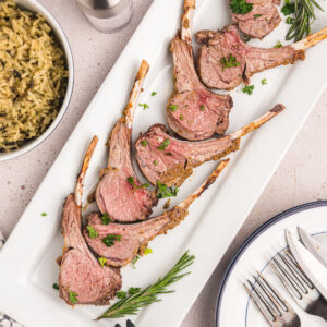 dijon balsamic rack of lamb cut into pieces and on platter