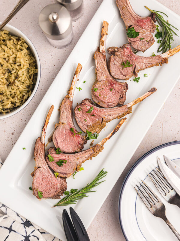 dijon balsamic rack of lamb cut into pieces and on platter