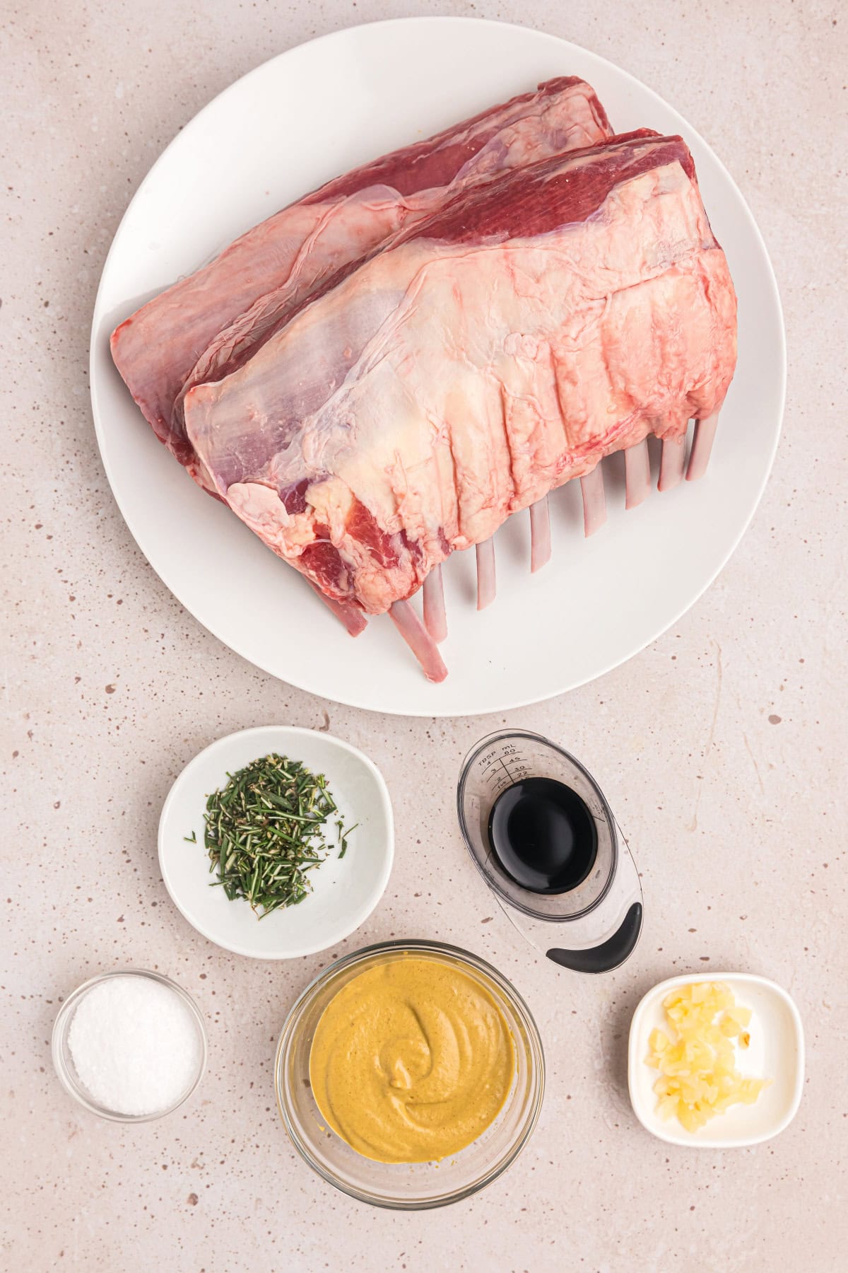 ingredients displayed for making dijon balsamic rack of lamb