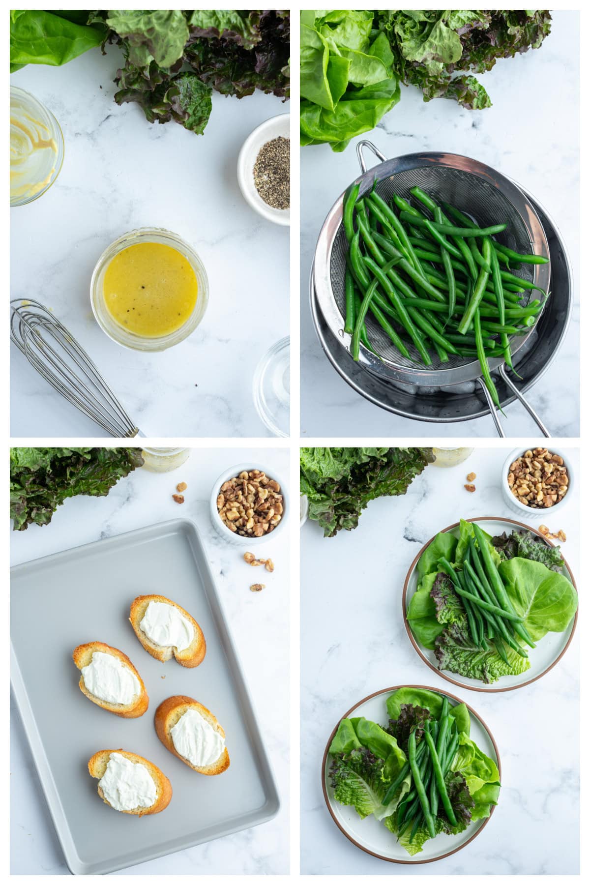 four photos showing how to make french goat cheese salad