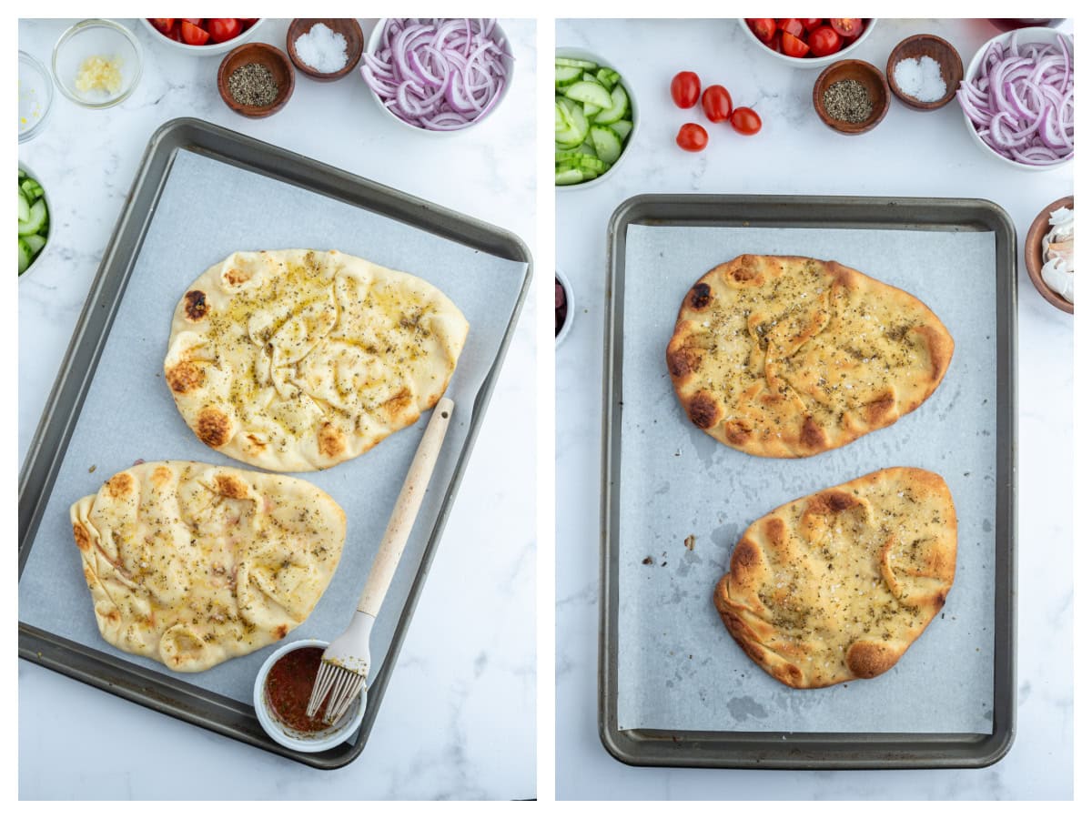 two photos showing how to make seasoned flatbread