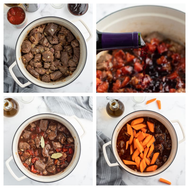 four photos showing process of cooking beef stew