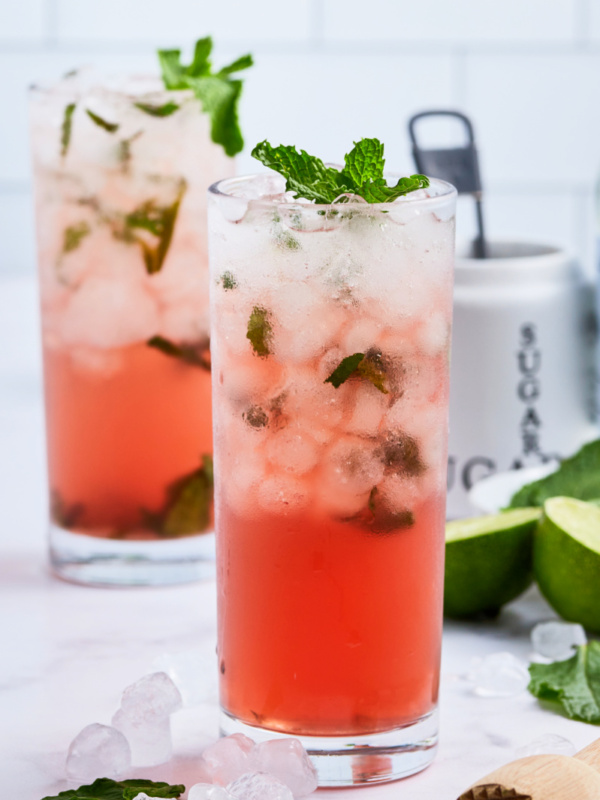 pomegranate mojitos in tall glasses