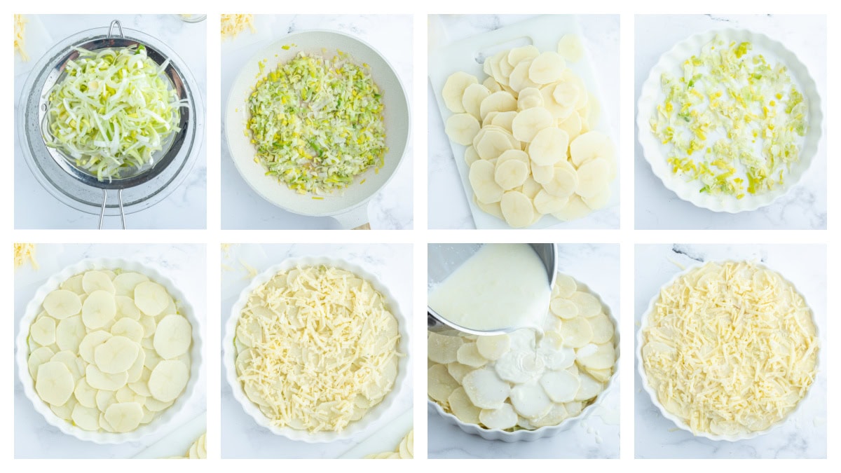 eight photos showing how to make potato leek gratin