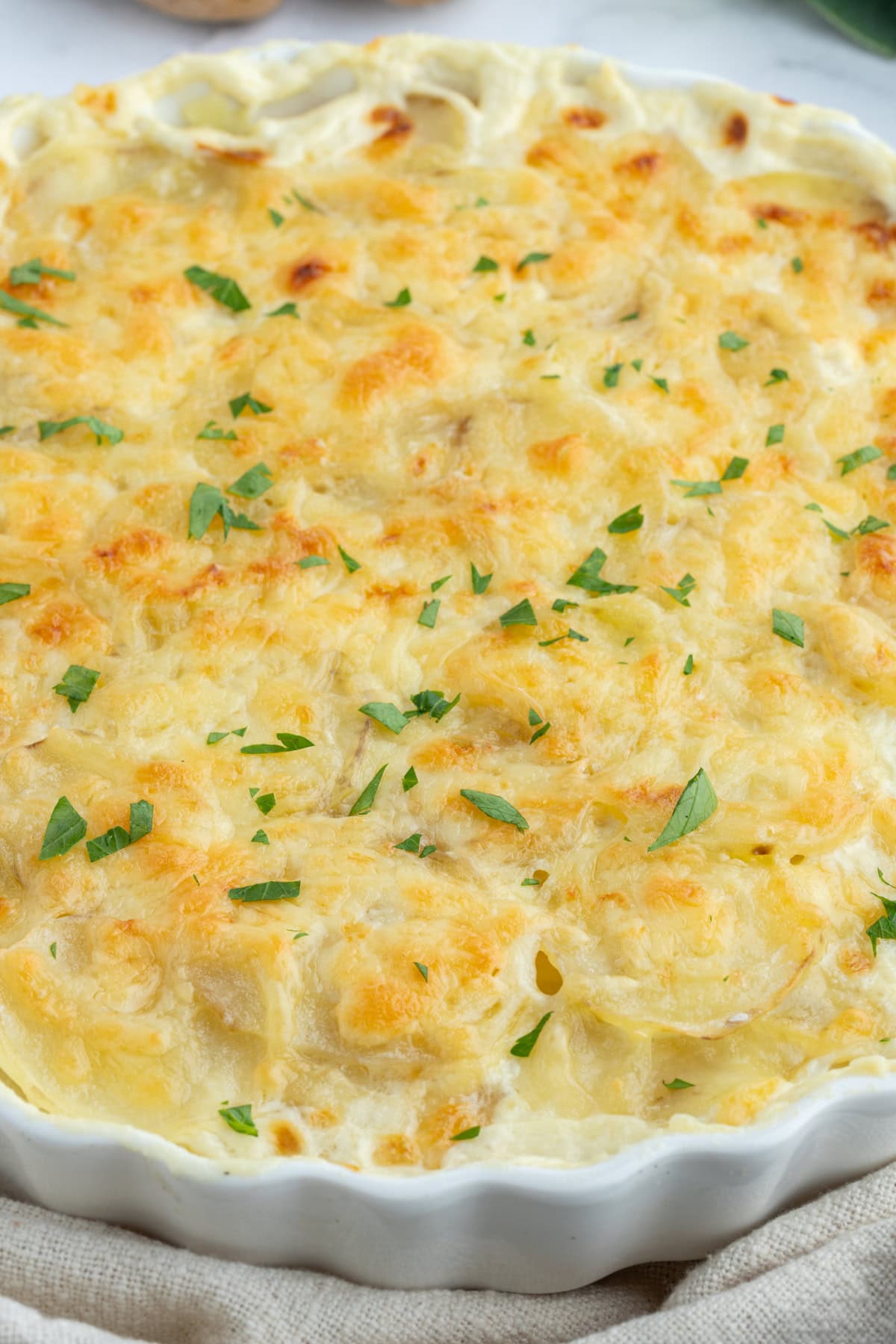 potato leek gratin in casserole dish