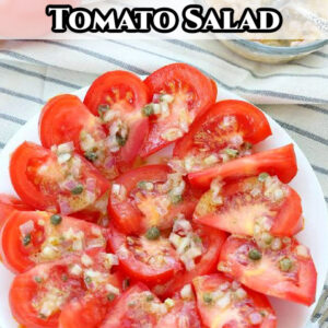 pinterest image for shallot mustard tomato salad