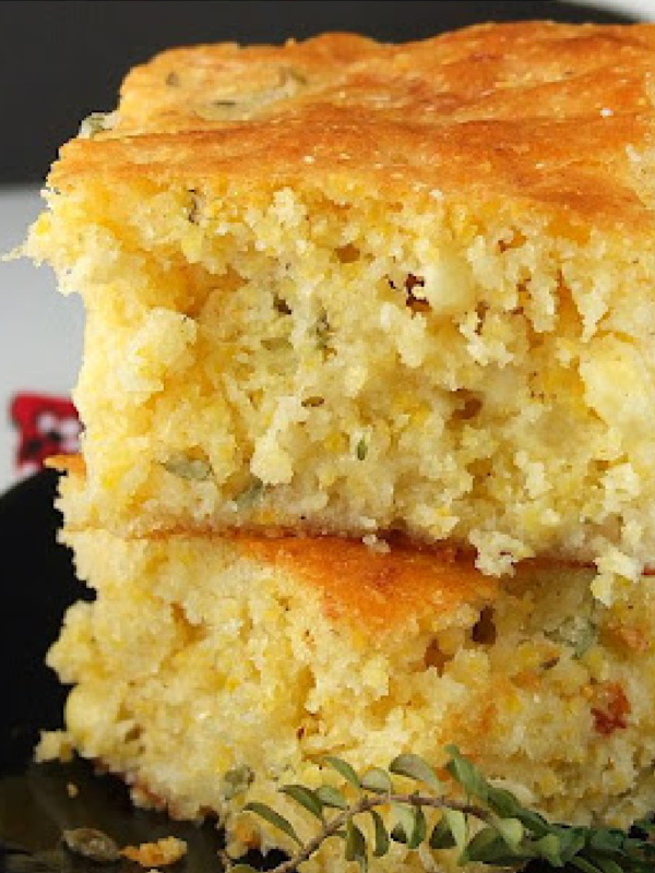 two pieces of brown butter cornbread stacked