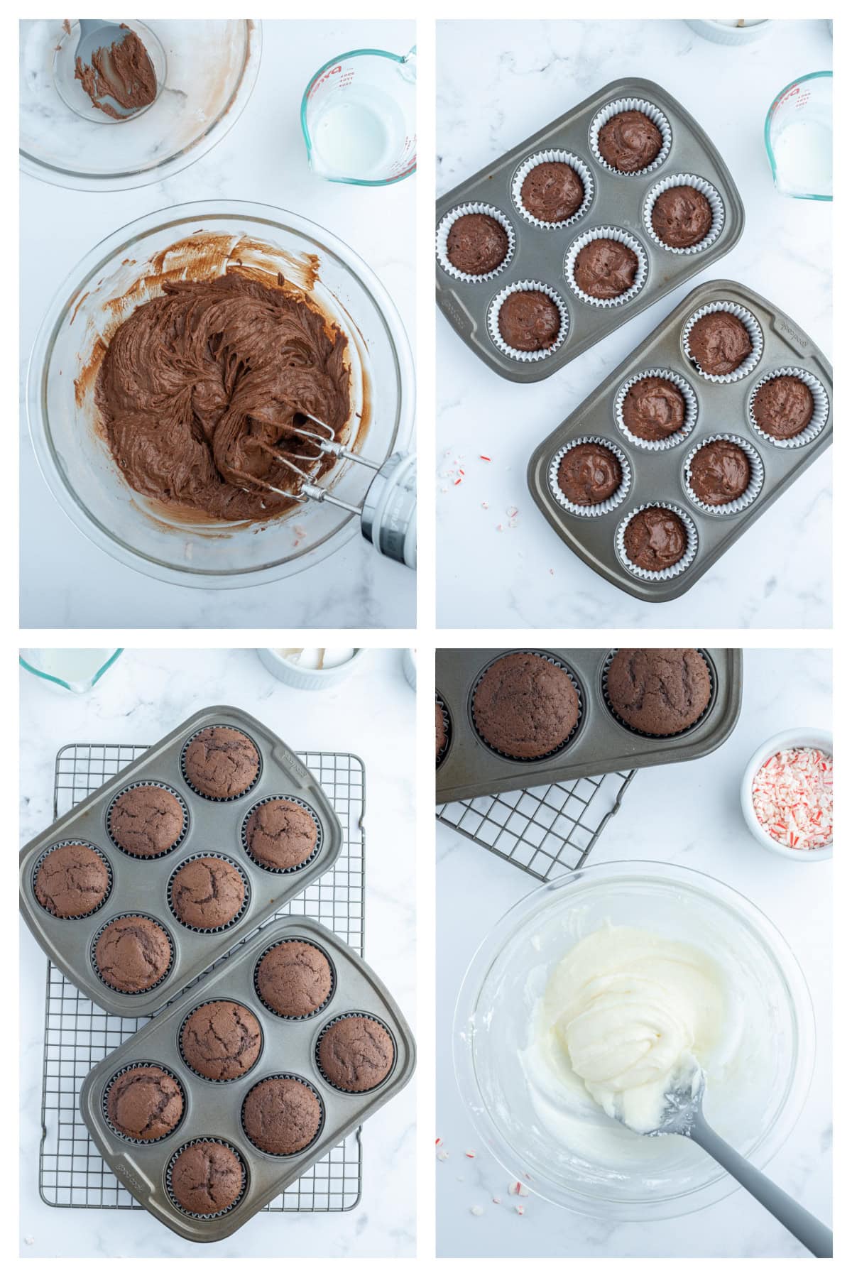 four photos showing how to make chocolate cupcakes with peppermint icing