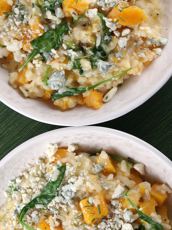 Butternut Squash Rosemary and Blue Cheese Risotto on white plates