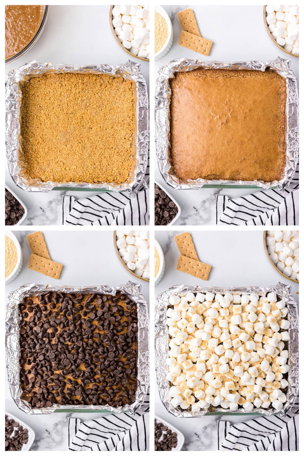 four photos showing how to make s'mores brownies
