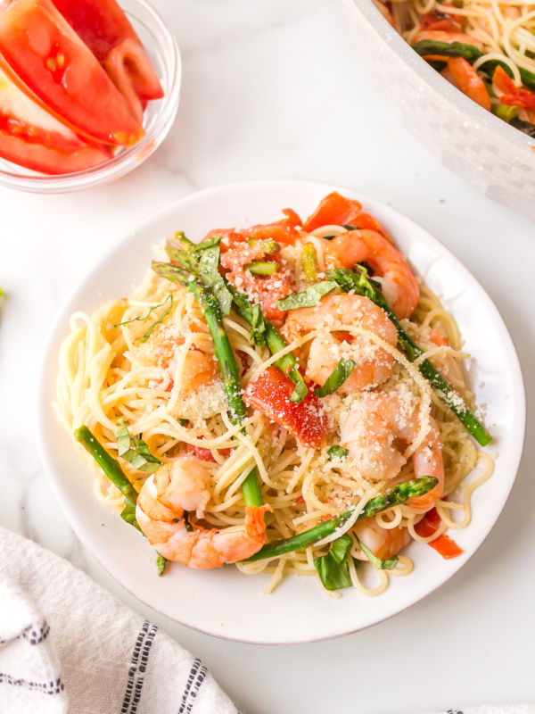 serving of angel hair pasta with shrimp on a plate