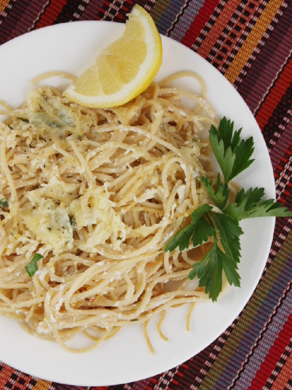 baked lemon spaghetti on a plate