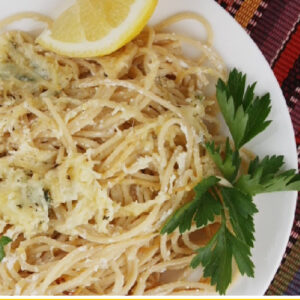 Pinterest pin for baked lemon spaghetti