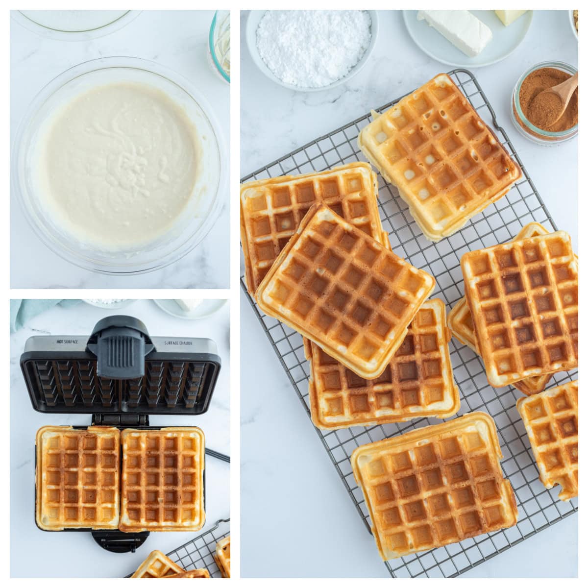 three photos showing how to make cinnamon roll waffles