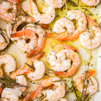 roasted shrimp with rosemary and thyme in a pan