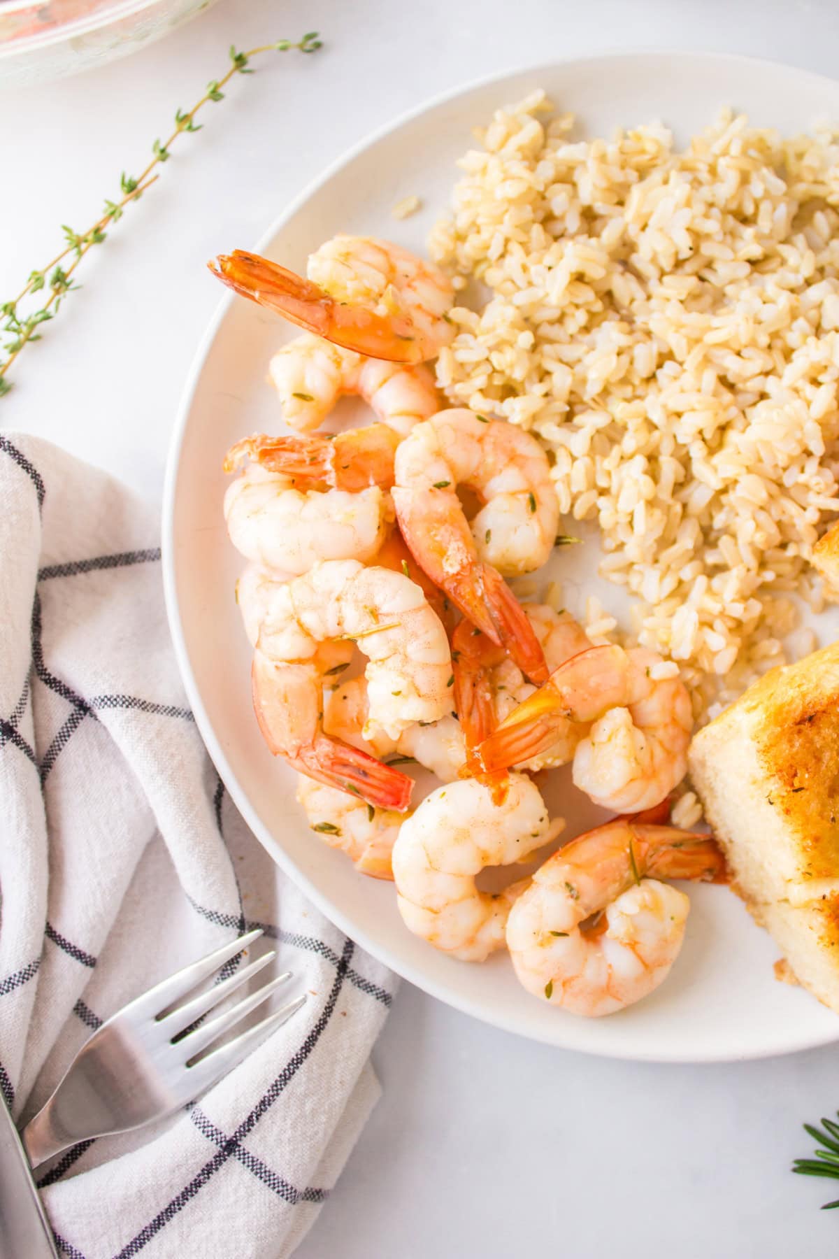 plate of roasted shrimp with rice