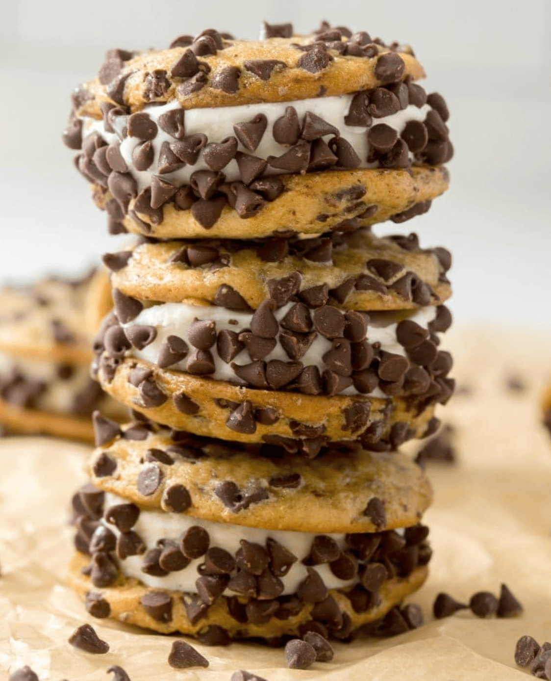 chocolate chip cookie dough ice cream sandwiches stacked