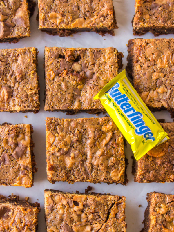 butterfinger brownies with candy bar on top