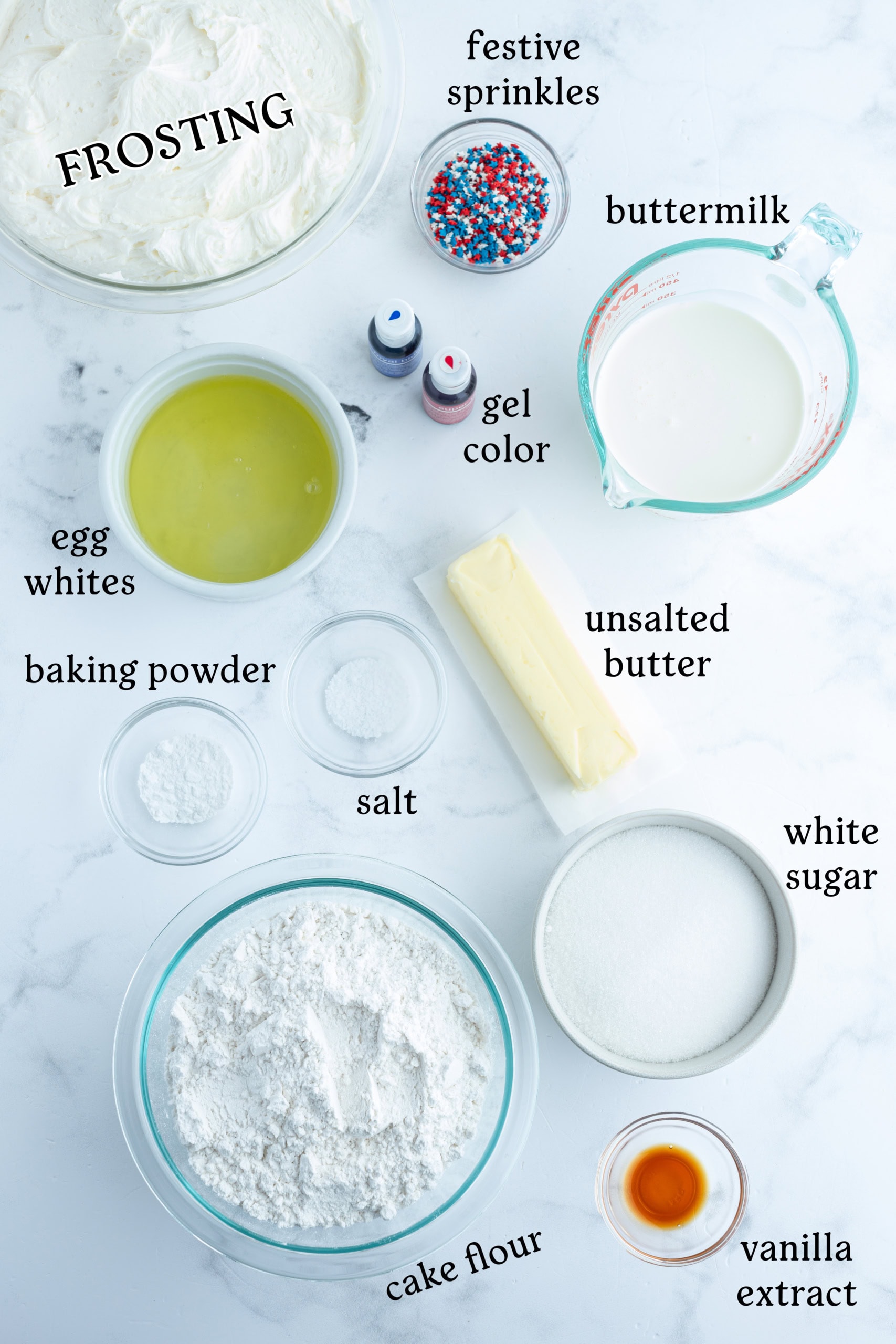 ingredients displayed for making red white and blue cake