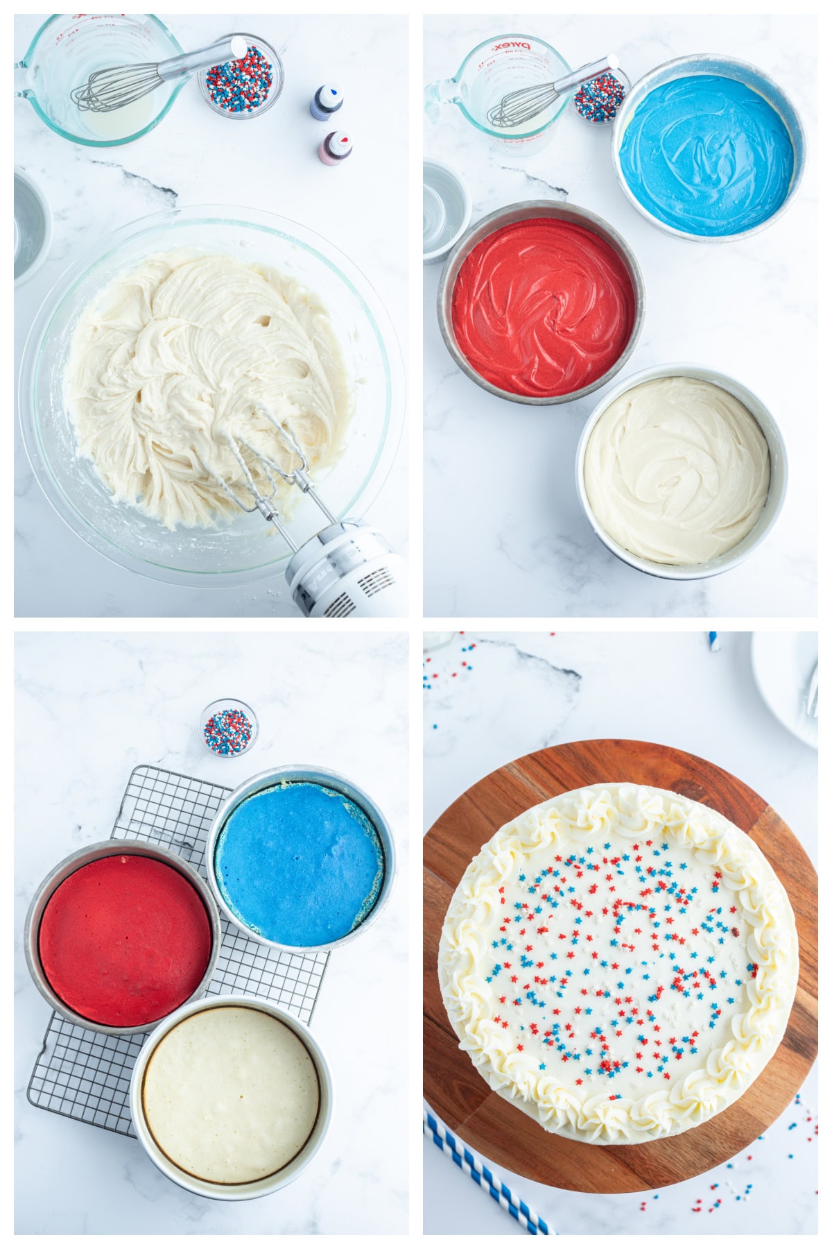 four photos showing how to make red white and blue cake