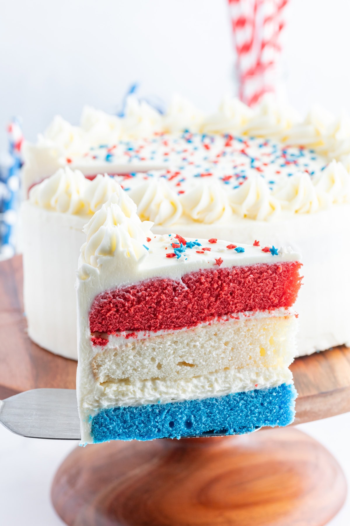 slice of red white and blue cake
