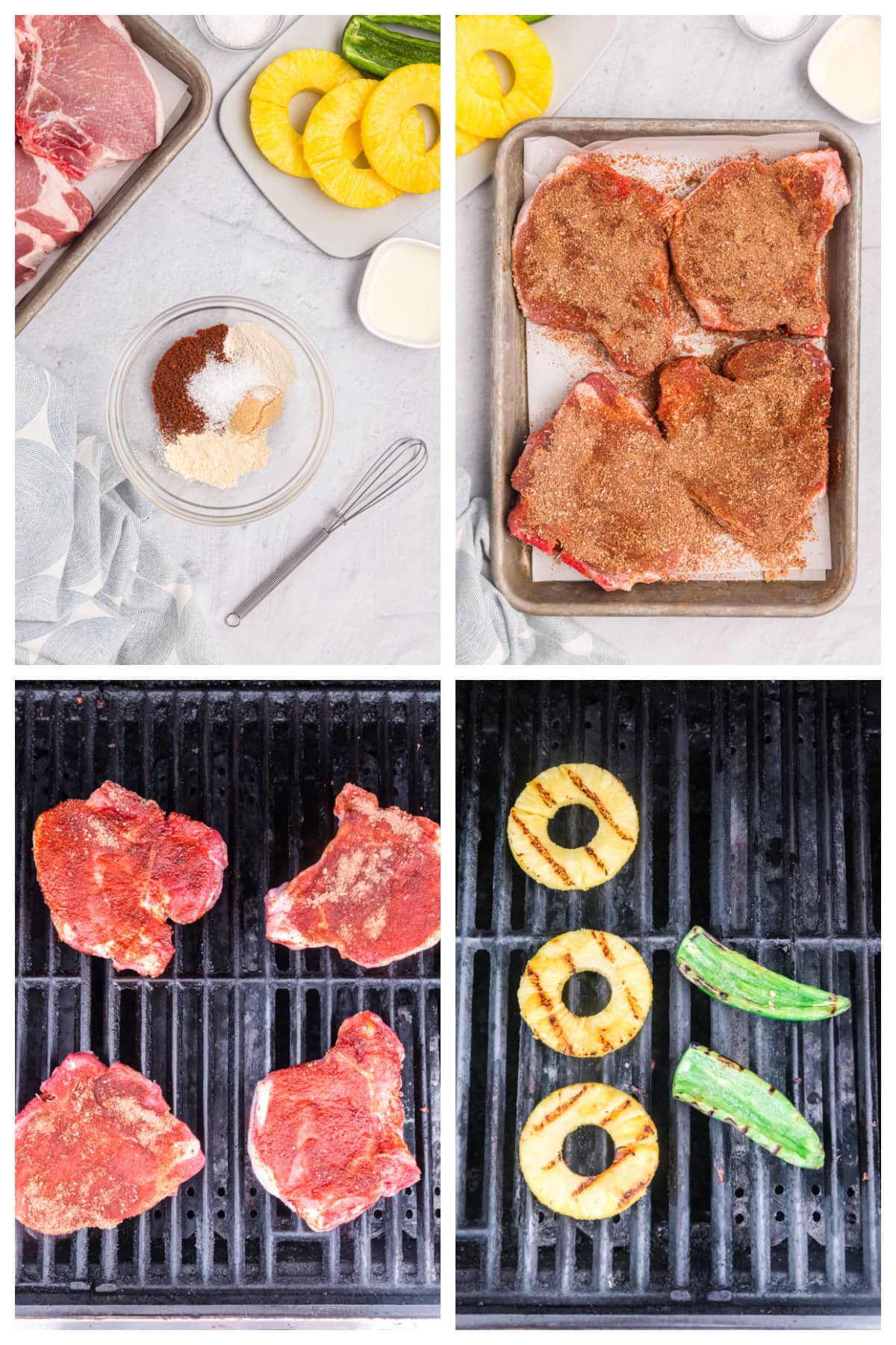 four photos showing how to make chili rubbed pork chops with grilled pineapple salsa