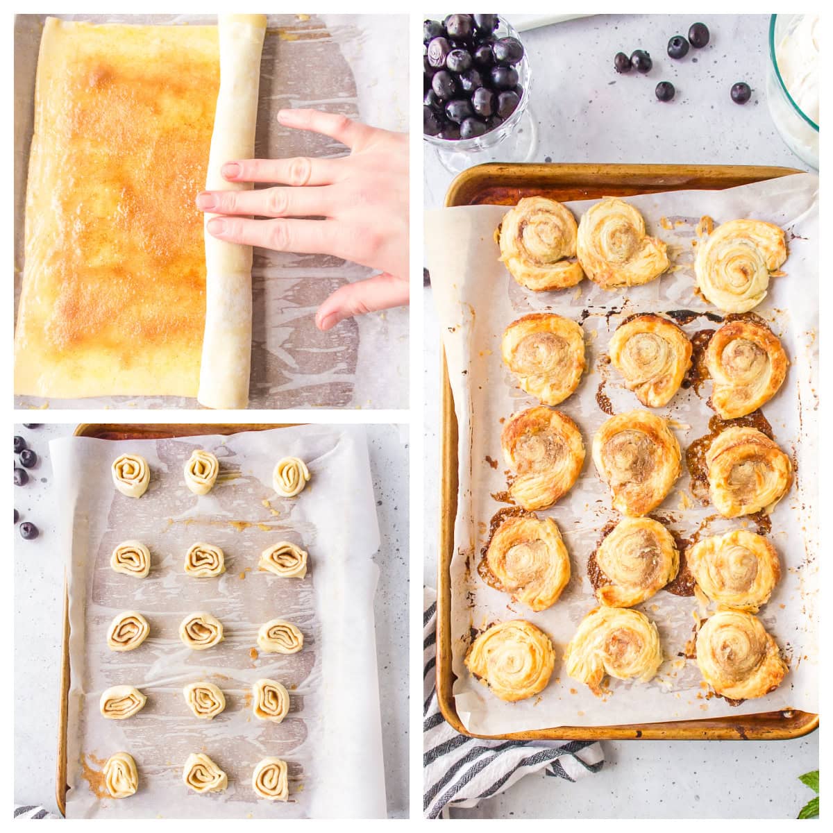 three photos showing how to make blueberry dessert bruschetta