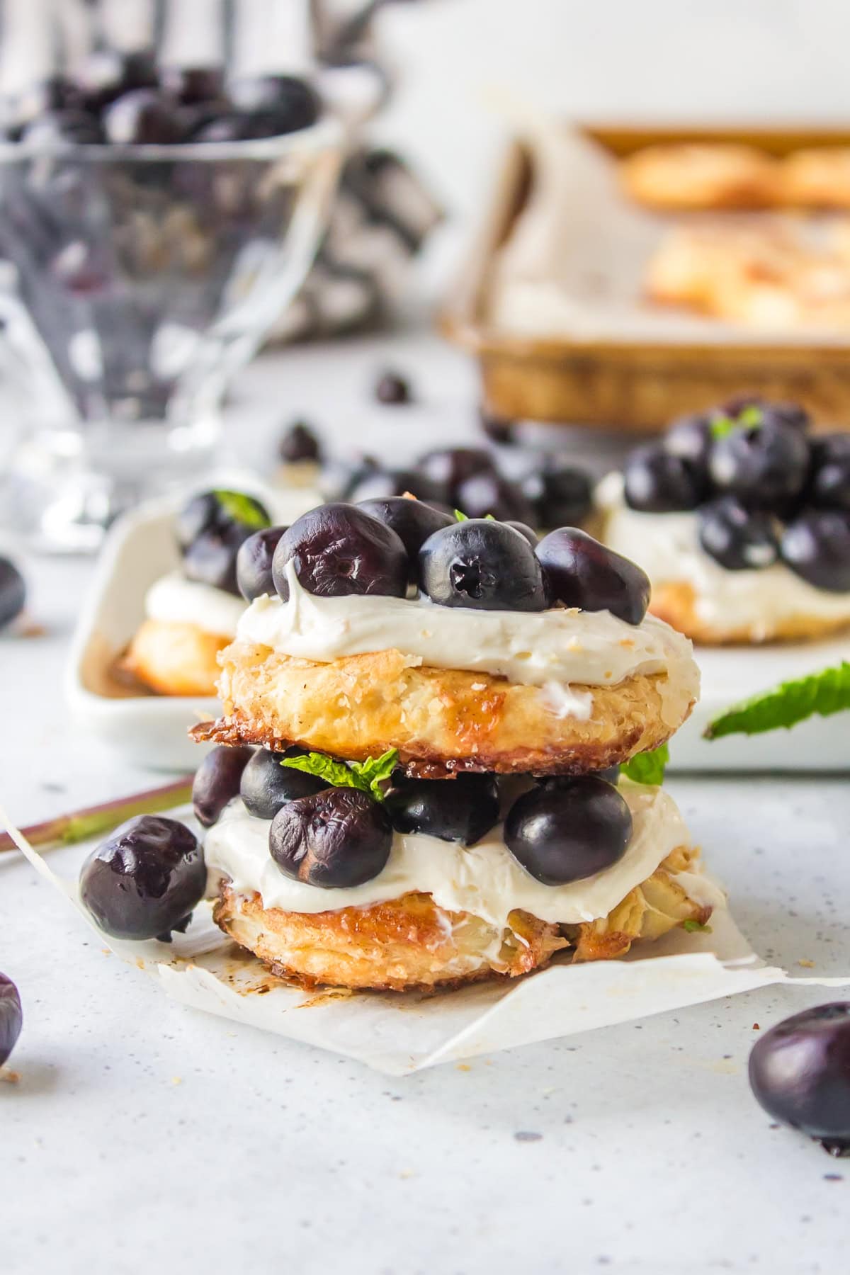 two blueberry dessert bruschetta stacked