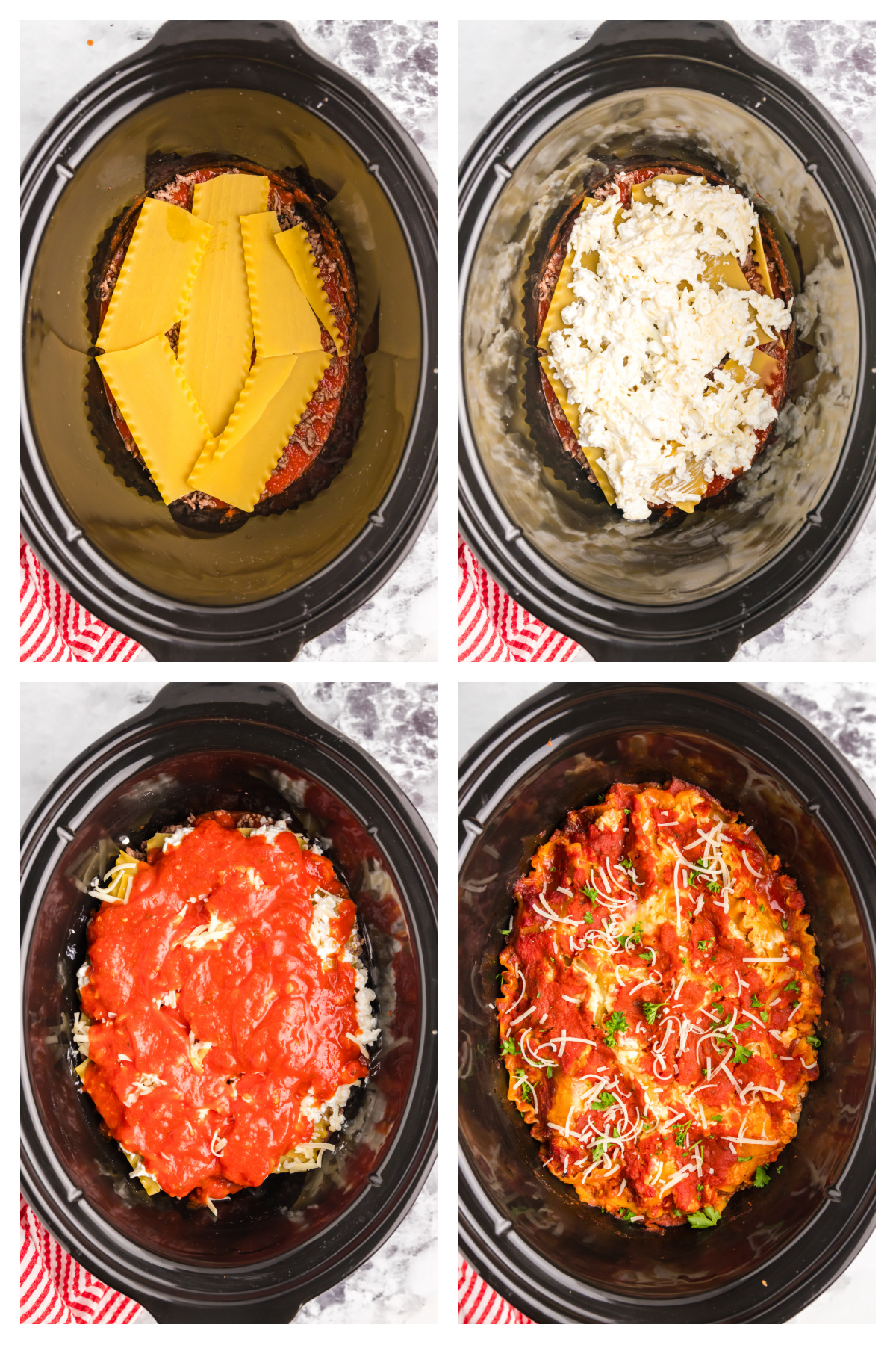 four photos showing how to make slow cooker lasagna