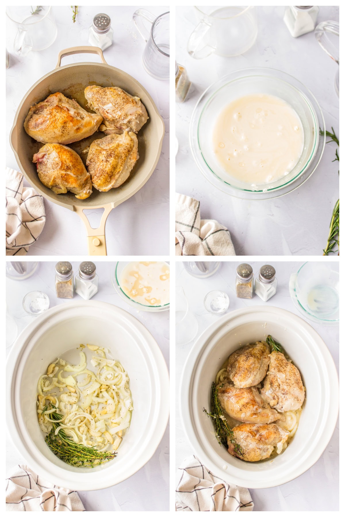 four photos showing how to make slow cooker garlic chicken