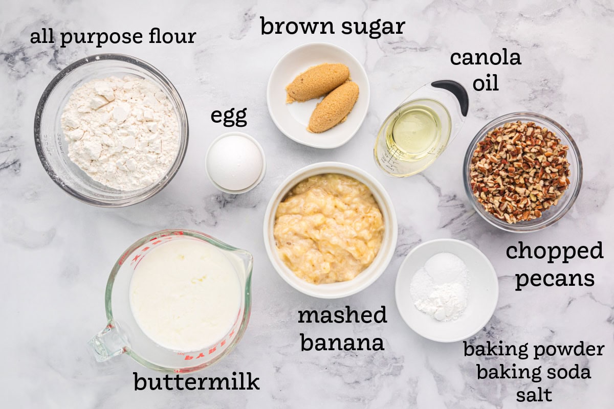 ingredients displayed for making banana pecan pancakes