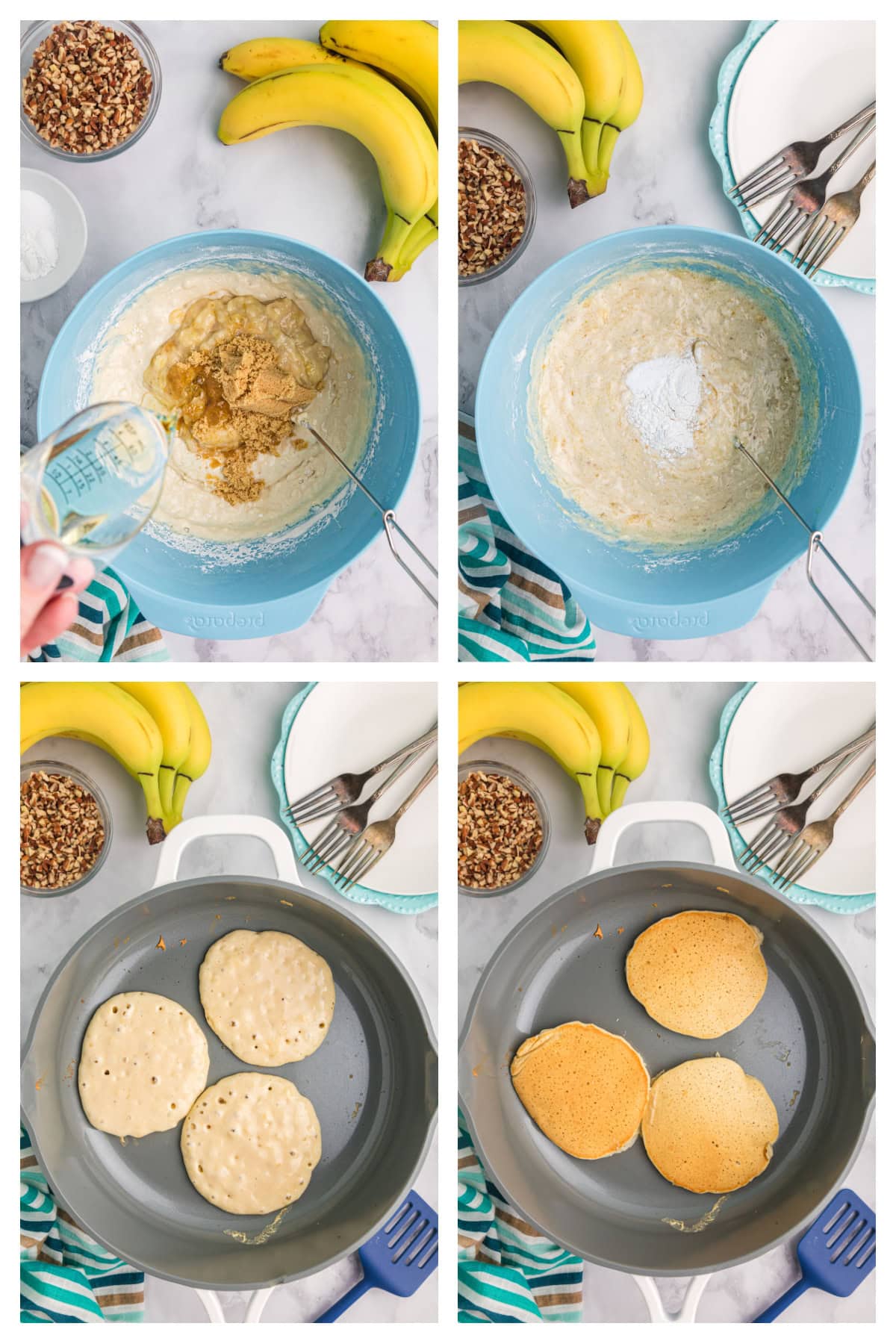 collage of photos showing how to make banana pecan pancakes