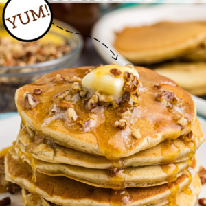 pinterest image for banana pecan pancakes