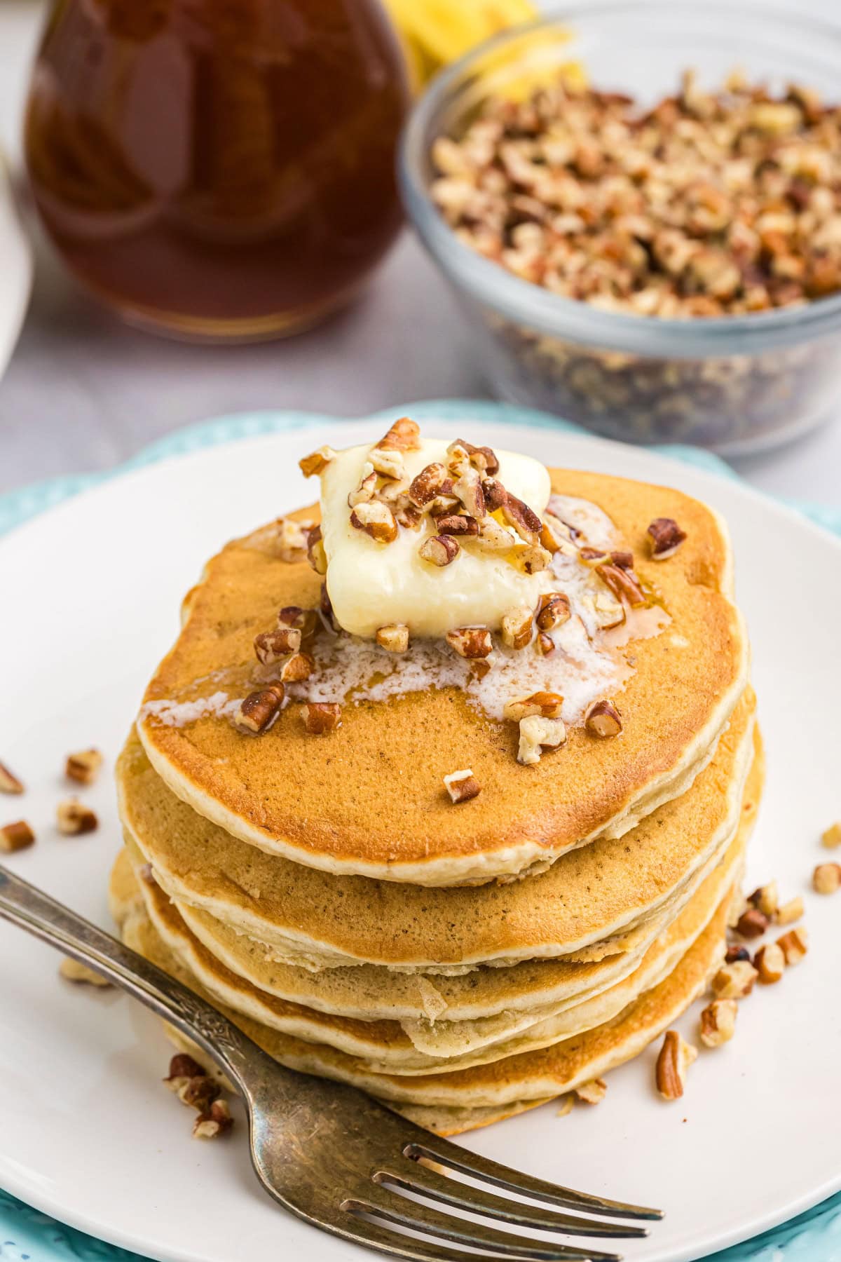 stack of banana pecan pancakes