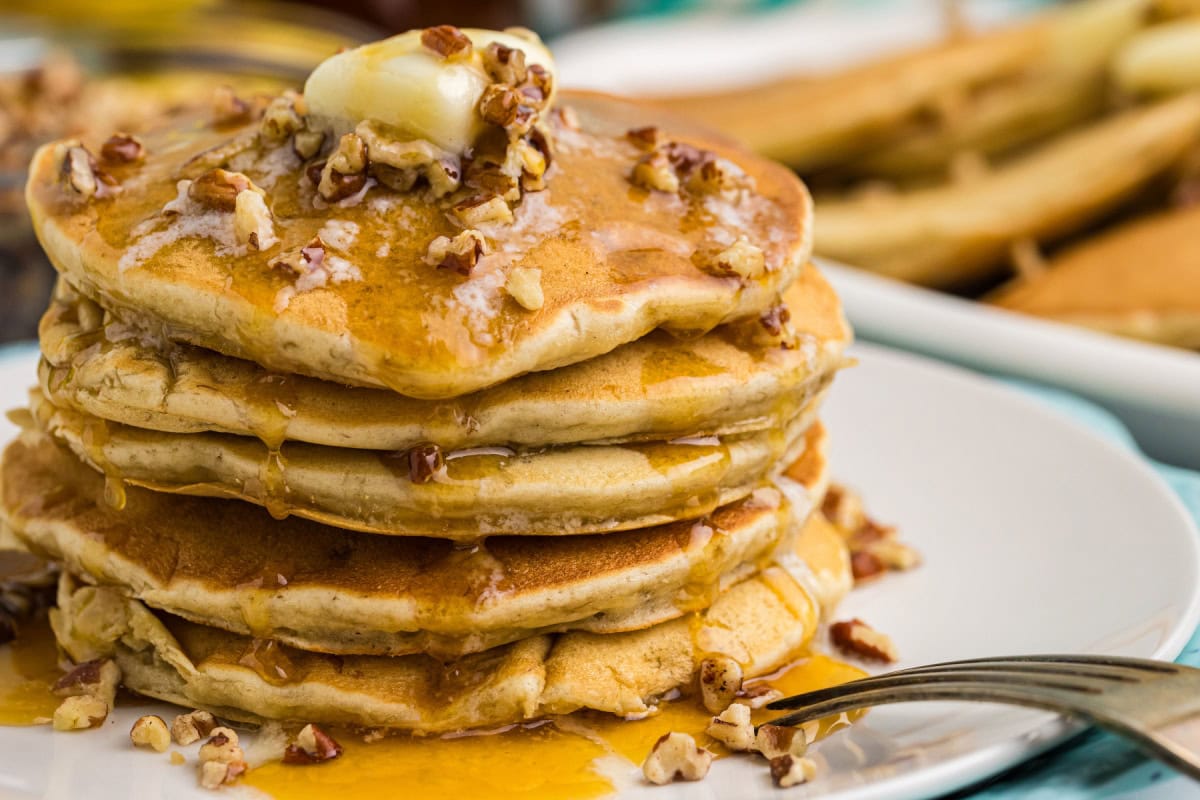 stack of banana pecan pancakes