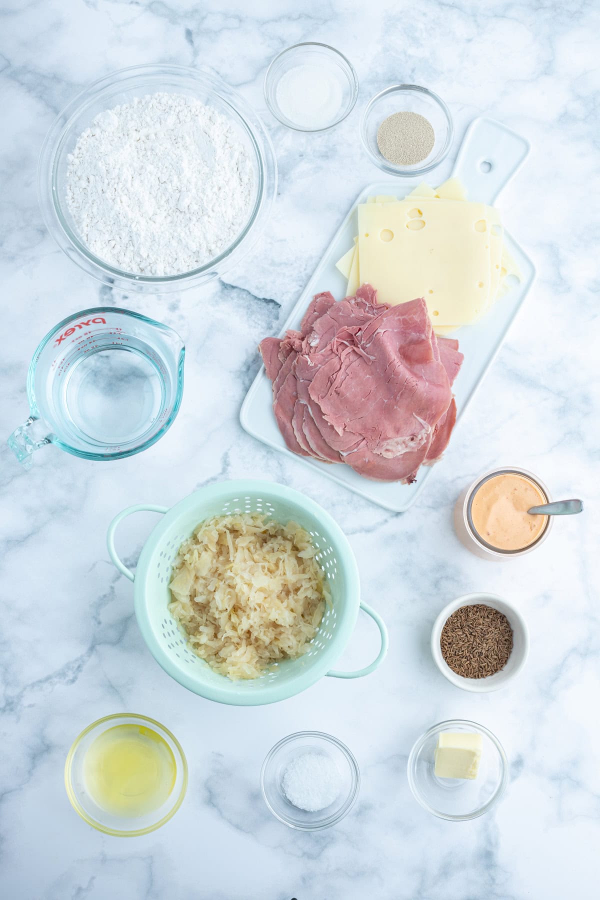 ingredients displayed for making reuben bread