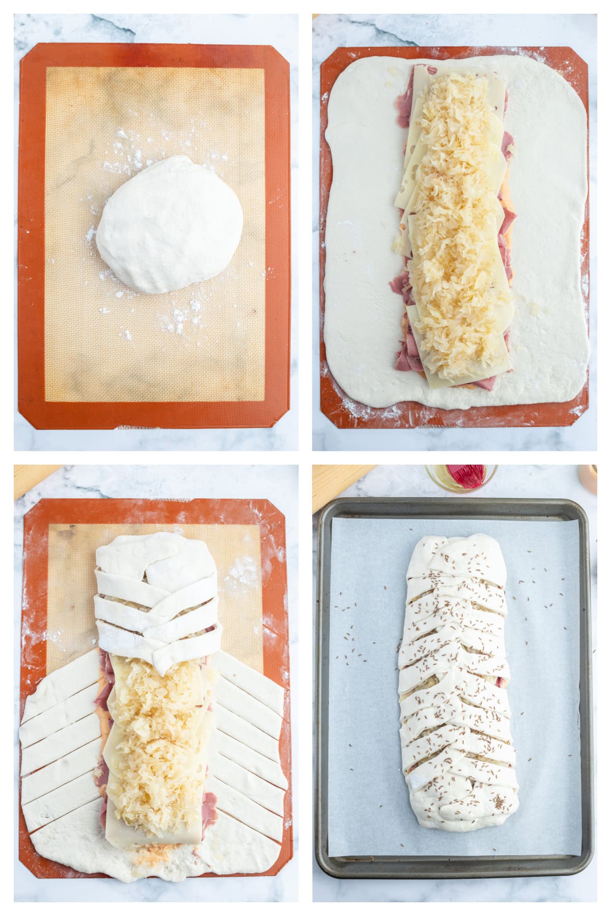 four photos showing how to assemble a loaf of reuben bread