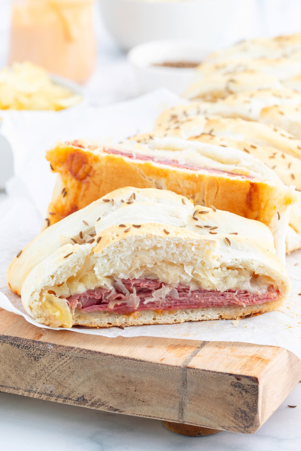 slice of reuben bread on board