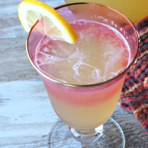 ginger beer lemonade in a glass garnished with lemon