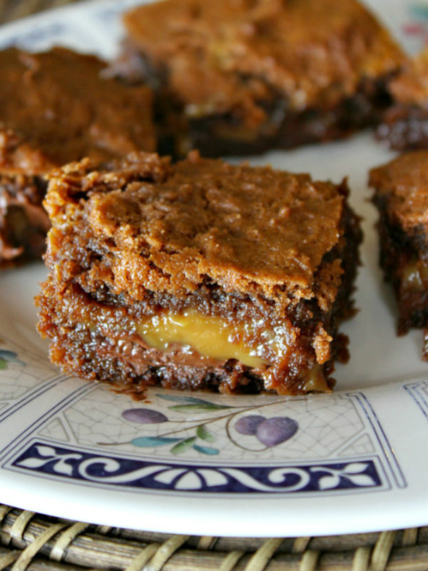 basement brownies on a blue patterned plate