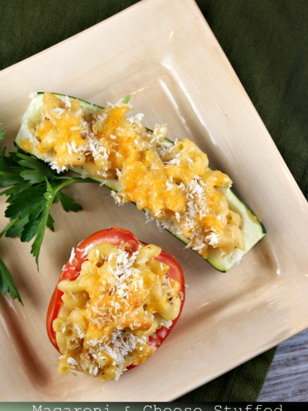 Mac and Cheese Stuffed Vegetable Boats on plate