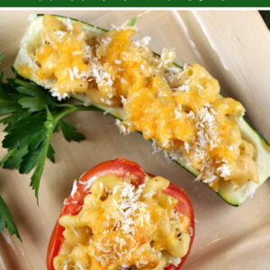 pinterest image for macaroni and cheese stuffed vegetables