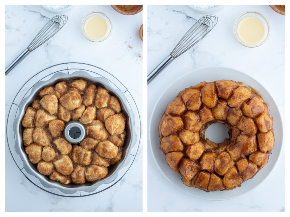 two photos showing eggnog monkey bread in pan and then baked and turned out of pan onto plate