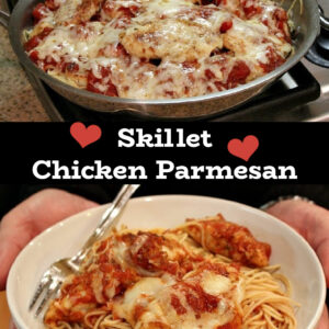 pinterest image for skillet chicken parmesan