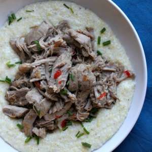 creamy coconut polenta topped with pulled pork