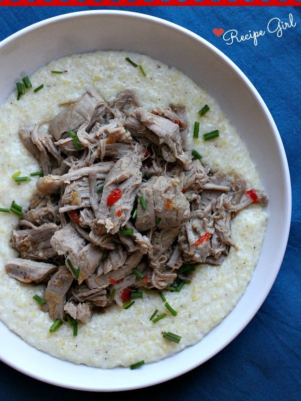 creamy coconut polenta topped with pulled pork