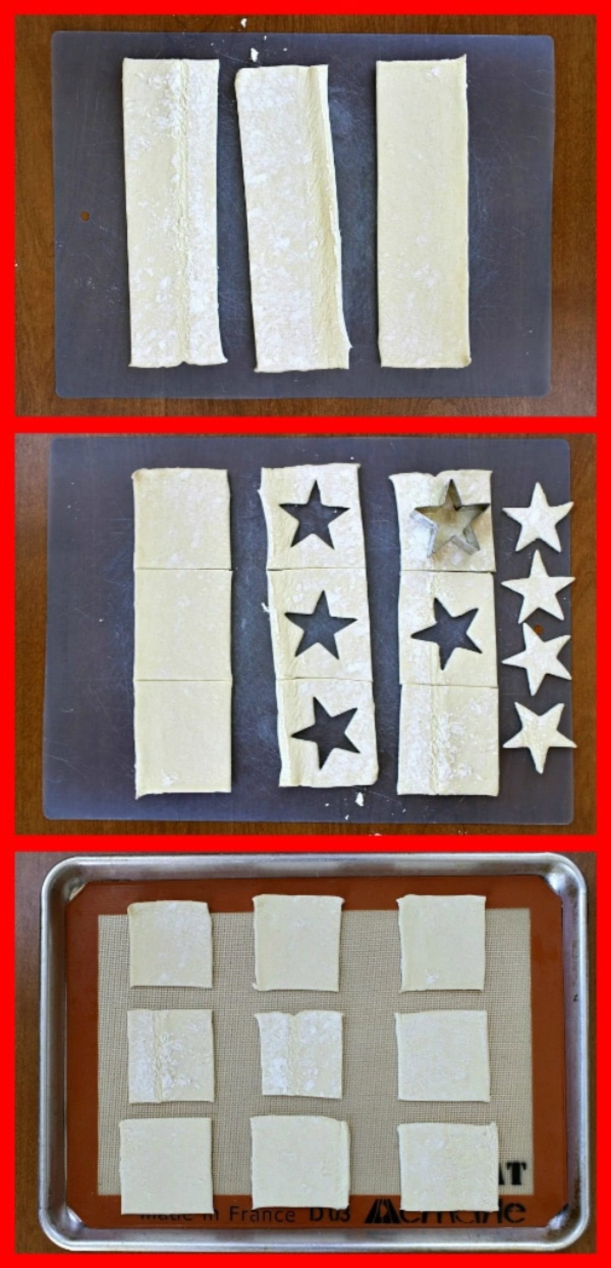 three photos showing how to cute out stars from puff pastry