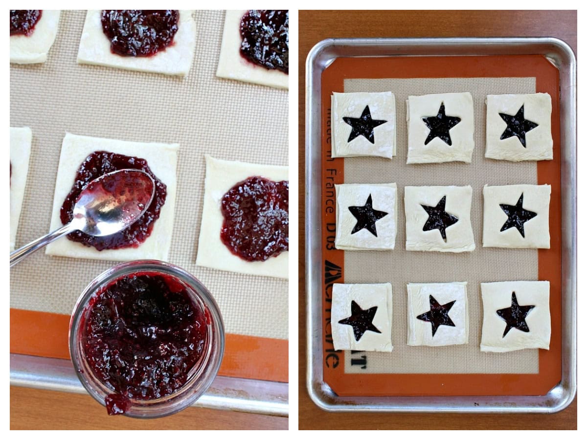 two photos showing how to make red white and blue pastries