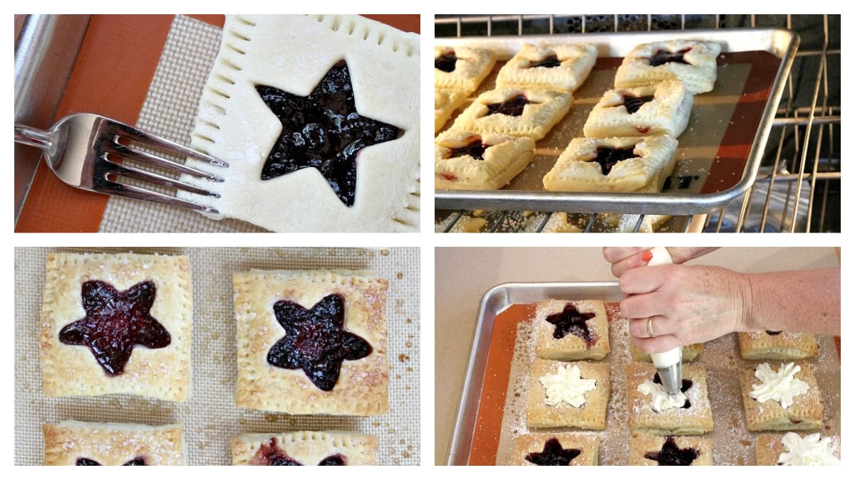 four photos showing how to assemble red white and blue pastries
