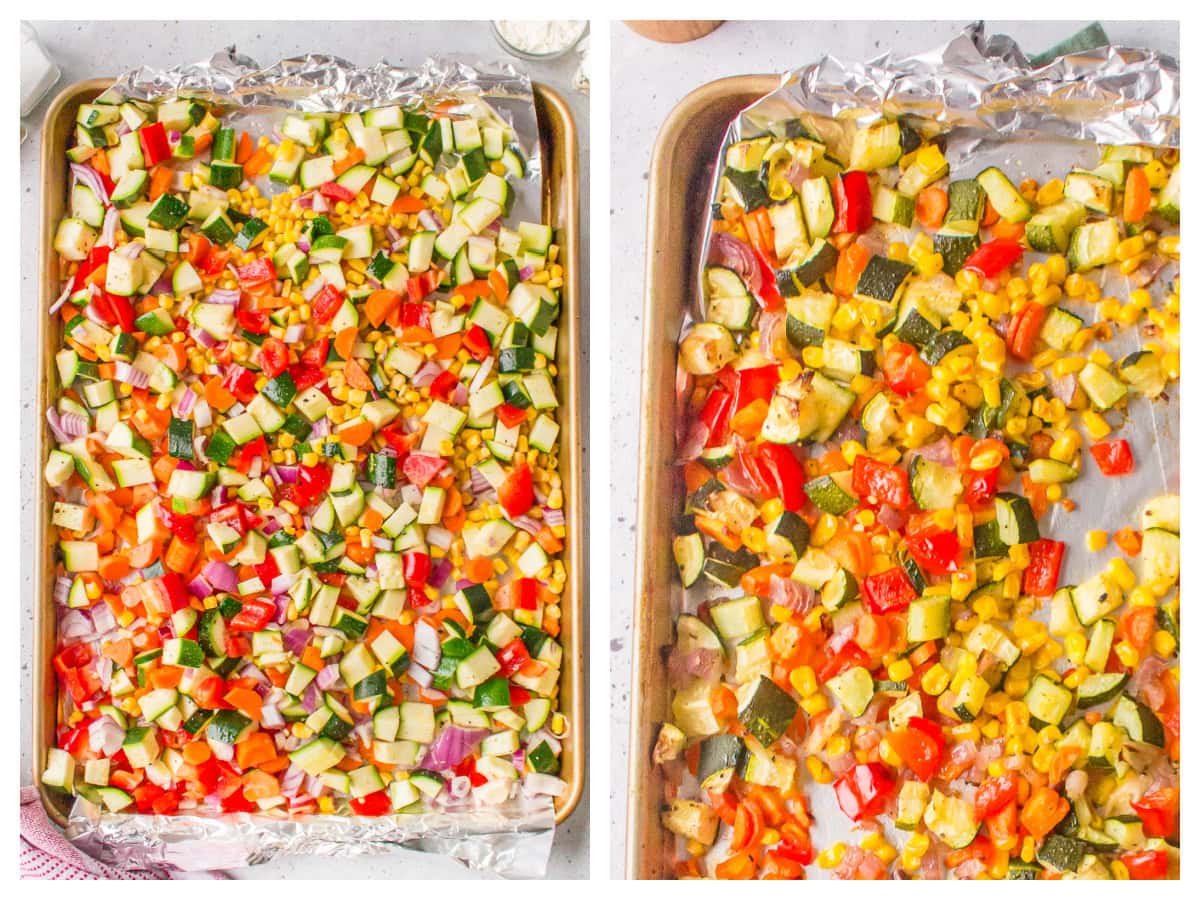 two photos showing how to make roasted vegetables in pan